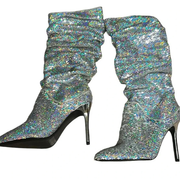 Glitter slouch high heel party boots!! Taylor Swift iridescent  sequin silver EC - Picture 3 of 15